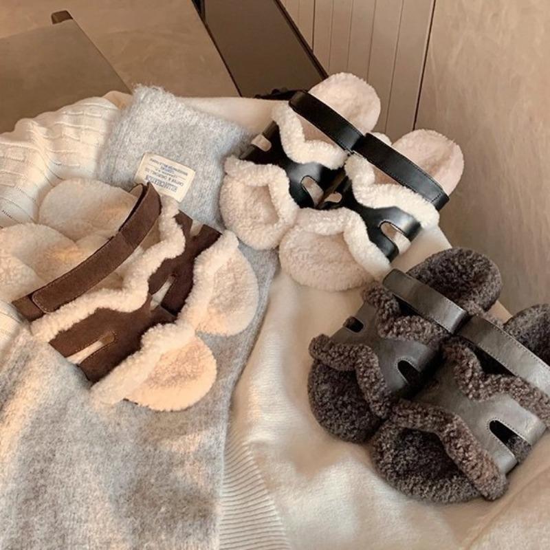 Lazy person with Velcro second uncle thick-soled leather fluffy slippers women wear autumn and winter models