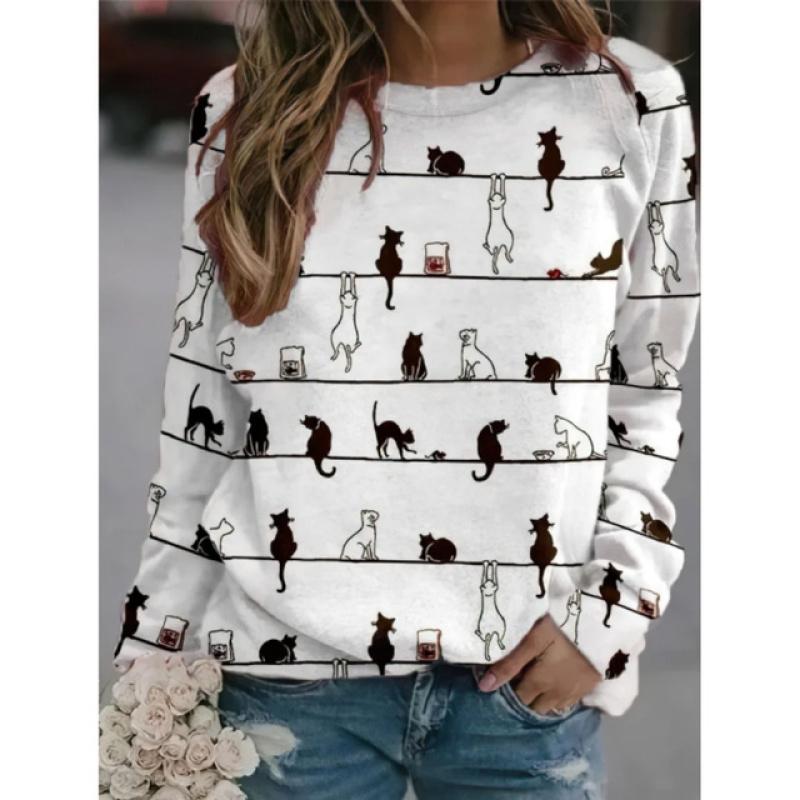 2023 Autumn and Winter New Cute Pet Women's Top Quirky Cow Printed Round Neck T-shirt Harajuku Casual Loose Long Sleeve Pullover