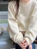 Nuova Felpa Girocollo Autunno/Inverno da Donna a Manica Lunga Bianca Monocolore Larga Casual Crop Top per Ragazze Moda Autunnale