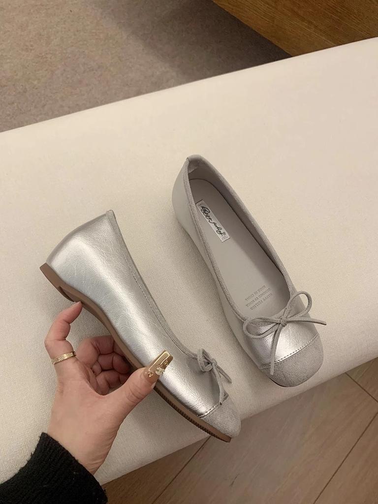 French Retro Soft-soled Single Shoes Silver Women's Shoes Autumn Ladyshoes Evening Bow Red Flats Ballet Shoes