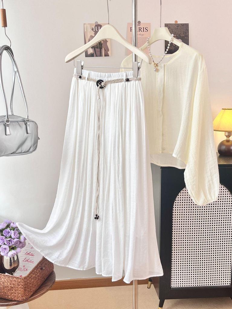 Bohemian High-Waisted A-Line Midi Skirt with Belt - Women's Flowing Slim Summer 2026 Style