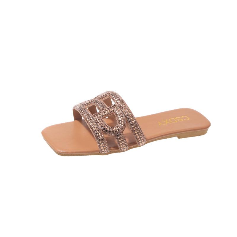 Foreign trade large size women's shoes 2024 summer outer wear slippers fashion rhinestone one-word drag beach cool slippers slippers