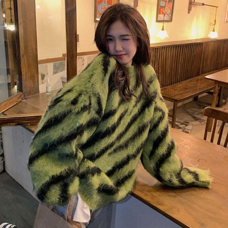 Κορεάτικο ζεστό πουλόβερ Λεοπάρ στάμπα πανωφόρι για φθινόπωρο και χειμώνα, χαλαρό, μαλακό, κολλώδες πουλόβερ μεσαίου μήκους Γυναικείο