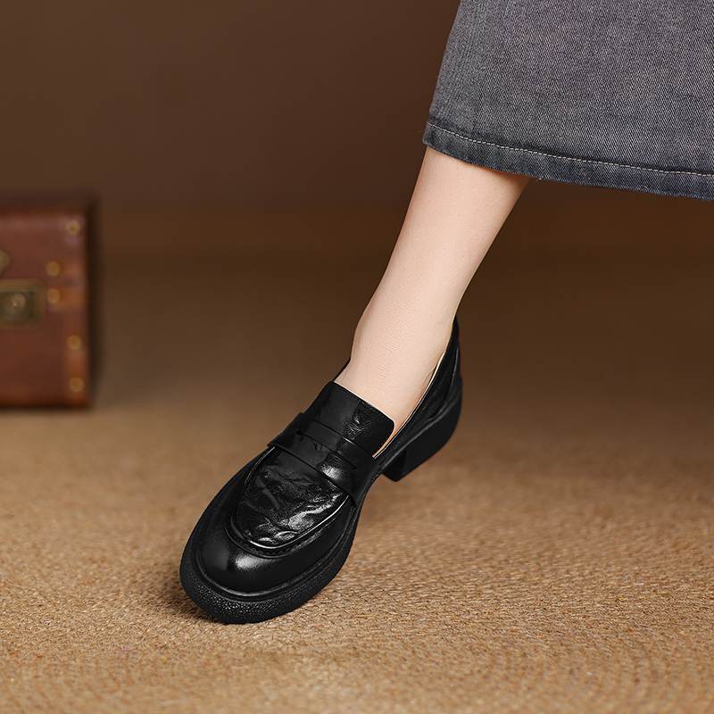 Krazing Pot Sheepskin Autumn Winter Shoes Slip on Chunky Heels Oxford Shoes Size 43 Round Toe Deep Mouth Waterproof Pumps