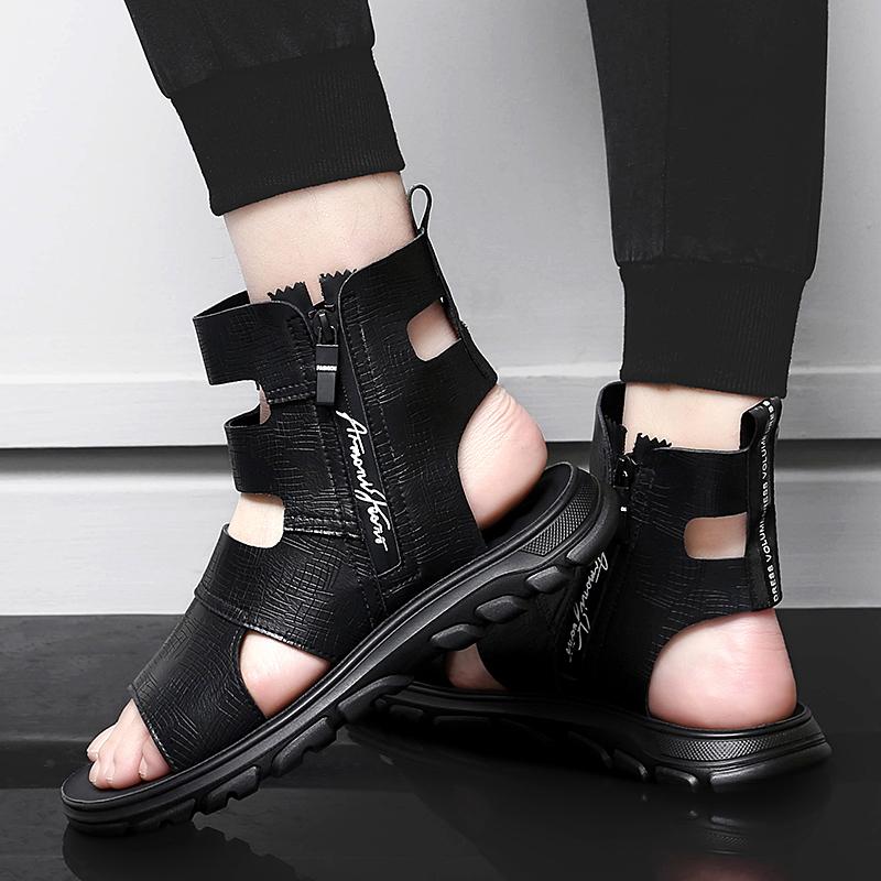 Zipper Men's Beach Sandals High-top Gladiator Men Shoes Summer Male Casual Shoes Comfort Non-slip Outsole Genuine Leather 7