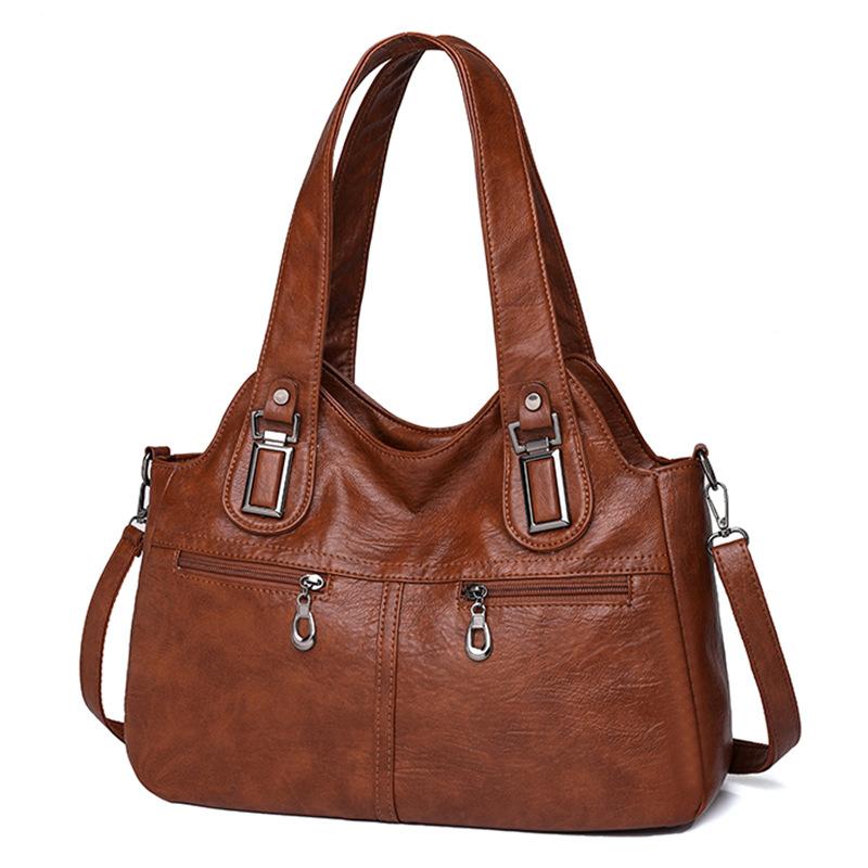 

Retro large-capacity handbag oil wax leather soft leather shoulder bag solid color versatile multi-layer commuter messenger bag women коричневый