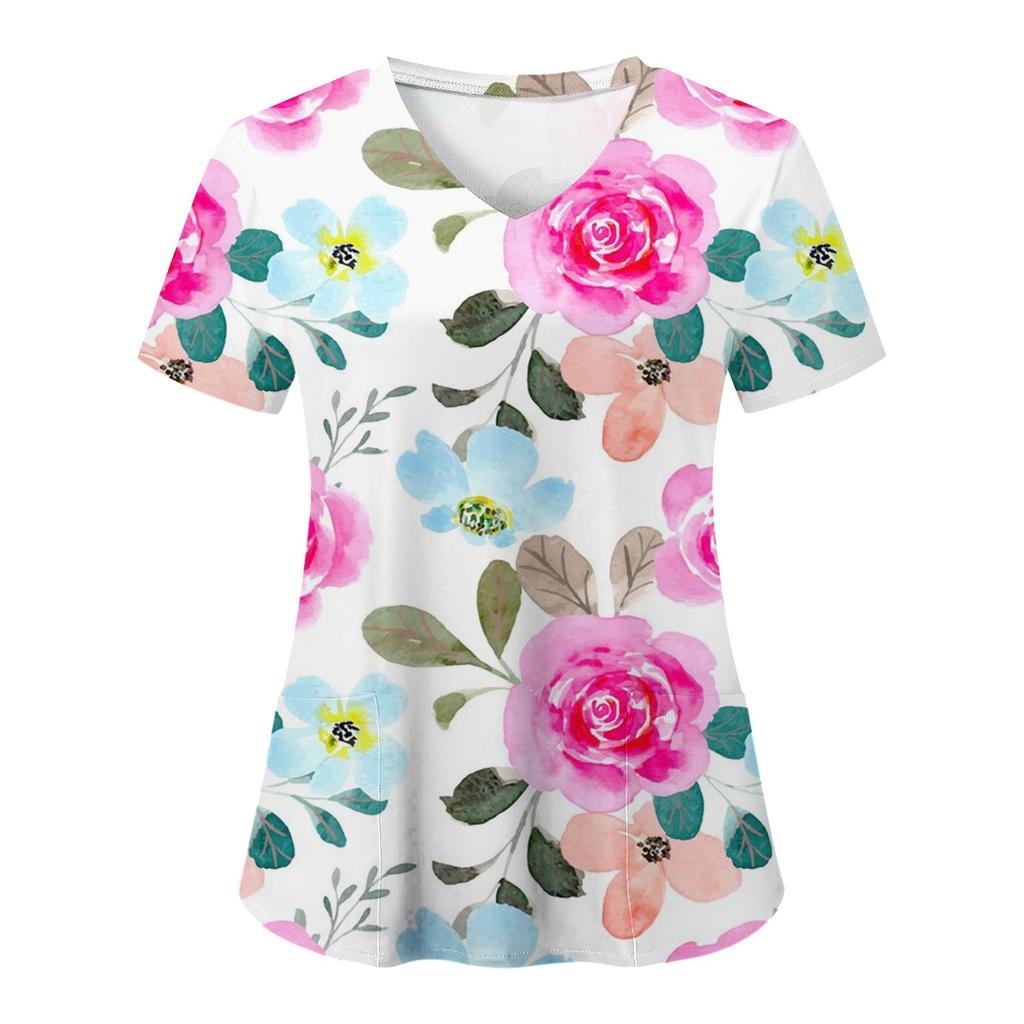 Květinové kojící peelingy Topy Ženy Pracovní Uniforma Halenka Krátký rukáv Výstřih do V Uniforma Blusas Kojící oblečení Sestry Tunika Uniforma