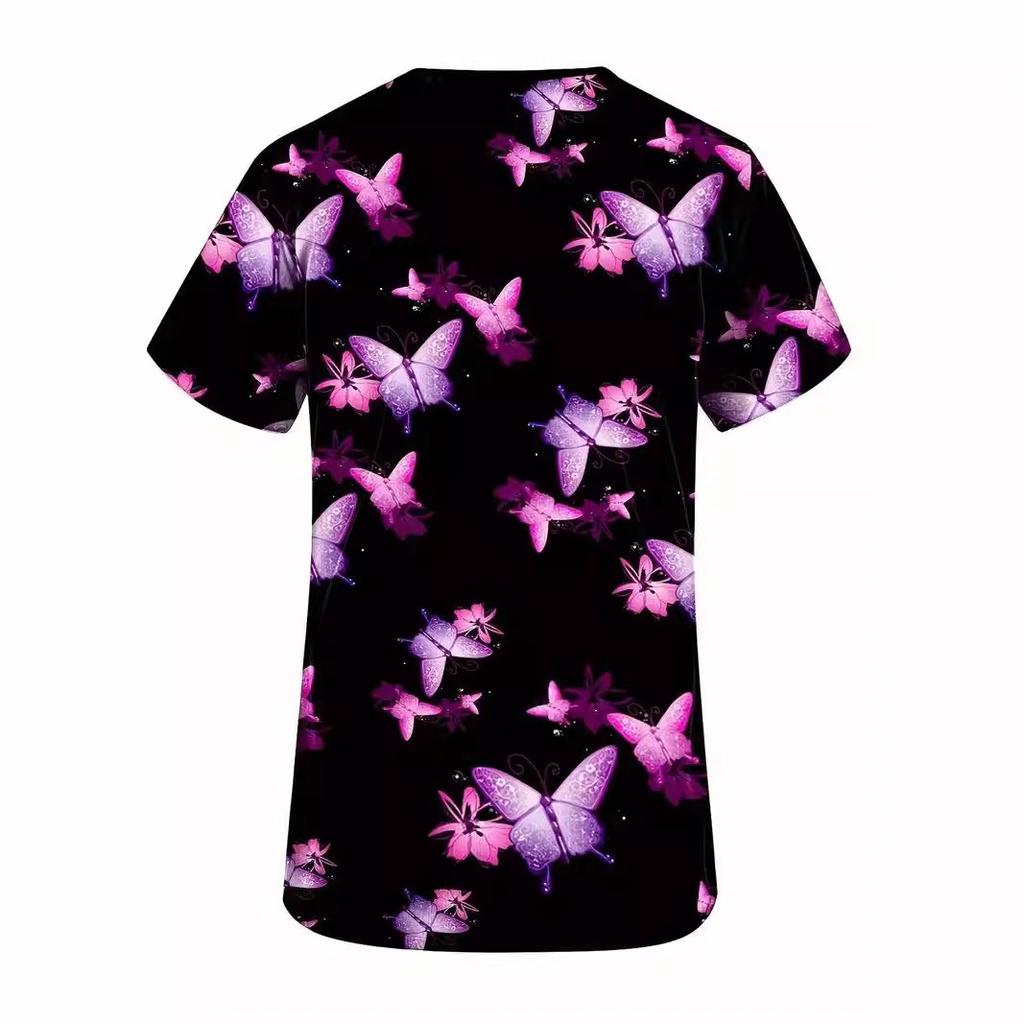 Romantic Pink Butterfly 3D Digital Print Women's Pocket V-neck Pullover Short Sleeved T-shirt Hospital Protective Apparel