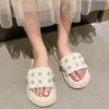 Fashion Women's Fashion Waterproof Platform Flat Sandals Summer New Round Head Fabric Bead Anti-slip Wear-resistant Slippers