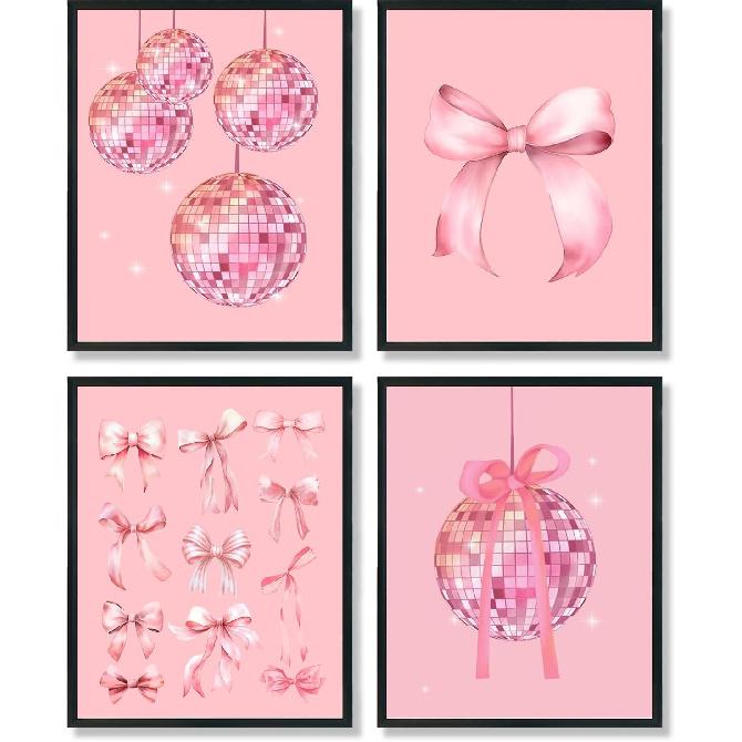 ULEGIE Coquette Pink Bow Preppy Wall Art Decor Set of 4, Coquette Room Decor, Cherry Balloon Dog Preppy Room Decor, Girly Pink Posters Prints for