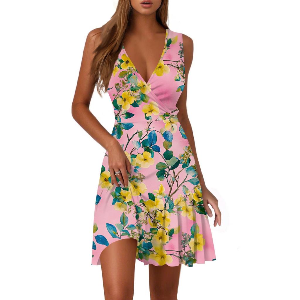 Ladies Casual Fashion V-Neck Sleeveless  Print Dress