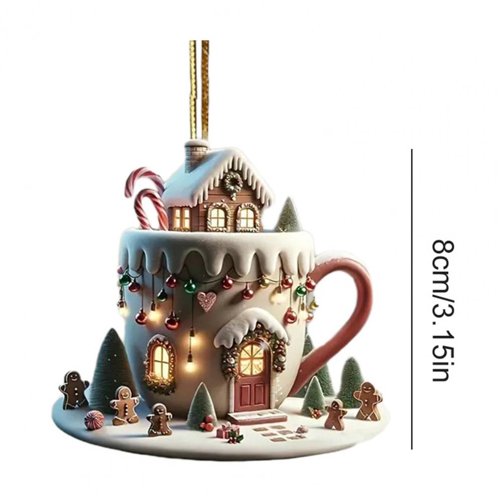 Coffee Cup Christmas Tree Ornaments 2D Acrylic Winter Snow House Hot Chocolate Mug Shape Hanging Decoration for Tree Decor