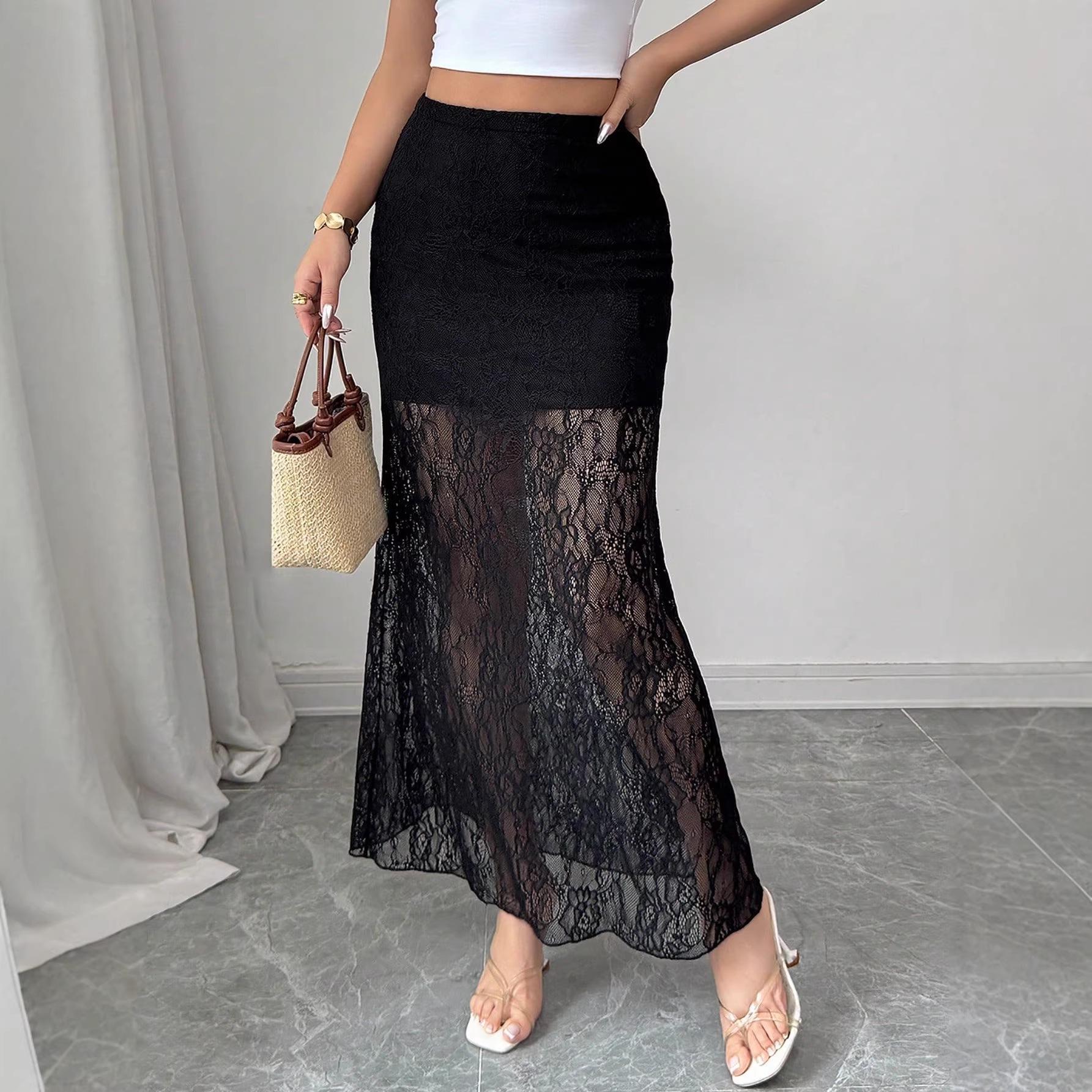 Элегантная черная кружевная прозрачная стройнящая длинная юбка для весны/лета L