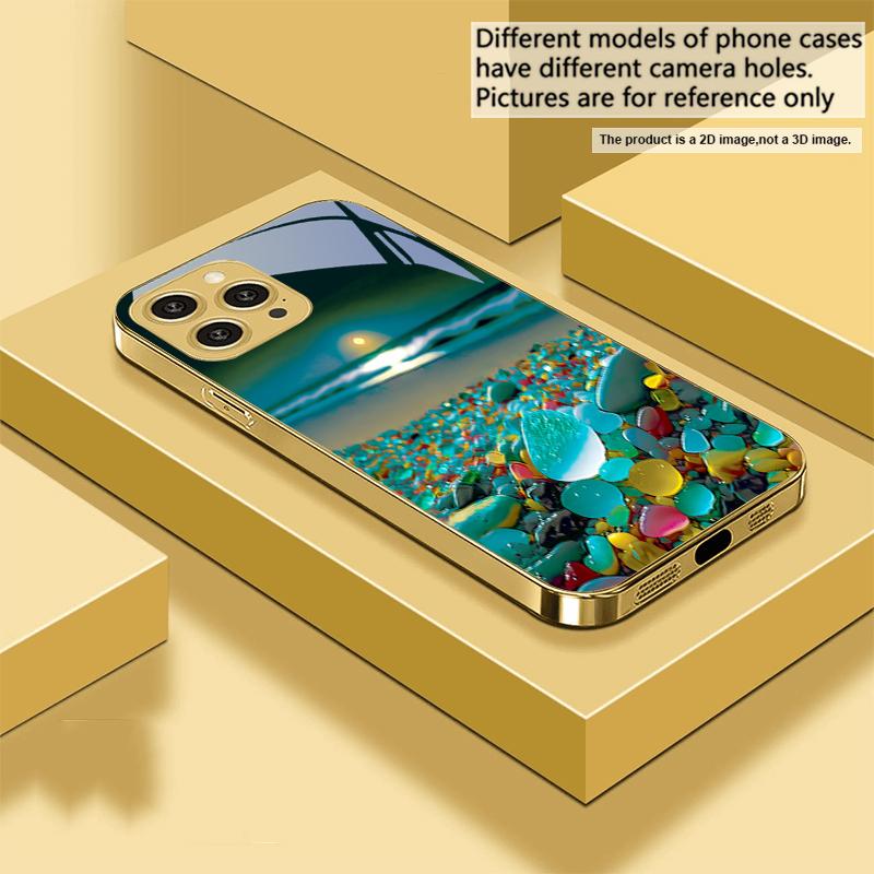 Färgglad stensjöstrand För IPhone 16 16Pro Max 15 P ro 14 13 Plus 12 Mini 11Pro Max XS Max XR Guld härdat glas mobilskal