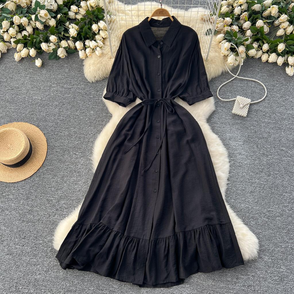 Sexy Chic Polo-Neck Single Breasted Ruffle Dress Elegant Korean Fashion Slim Summer Vintage Sweet Dresses