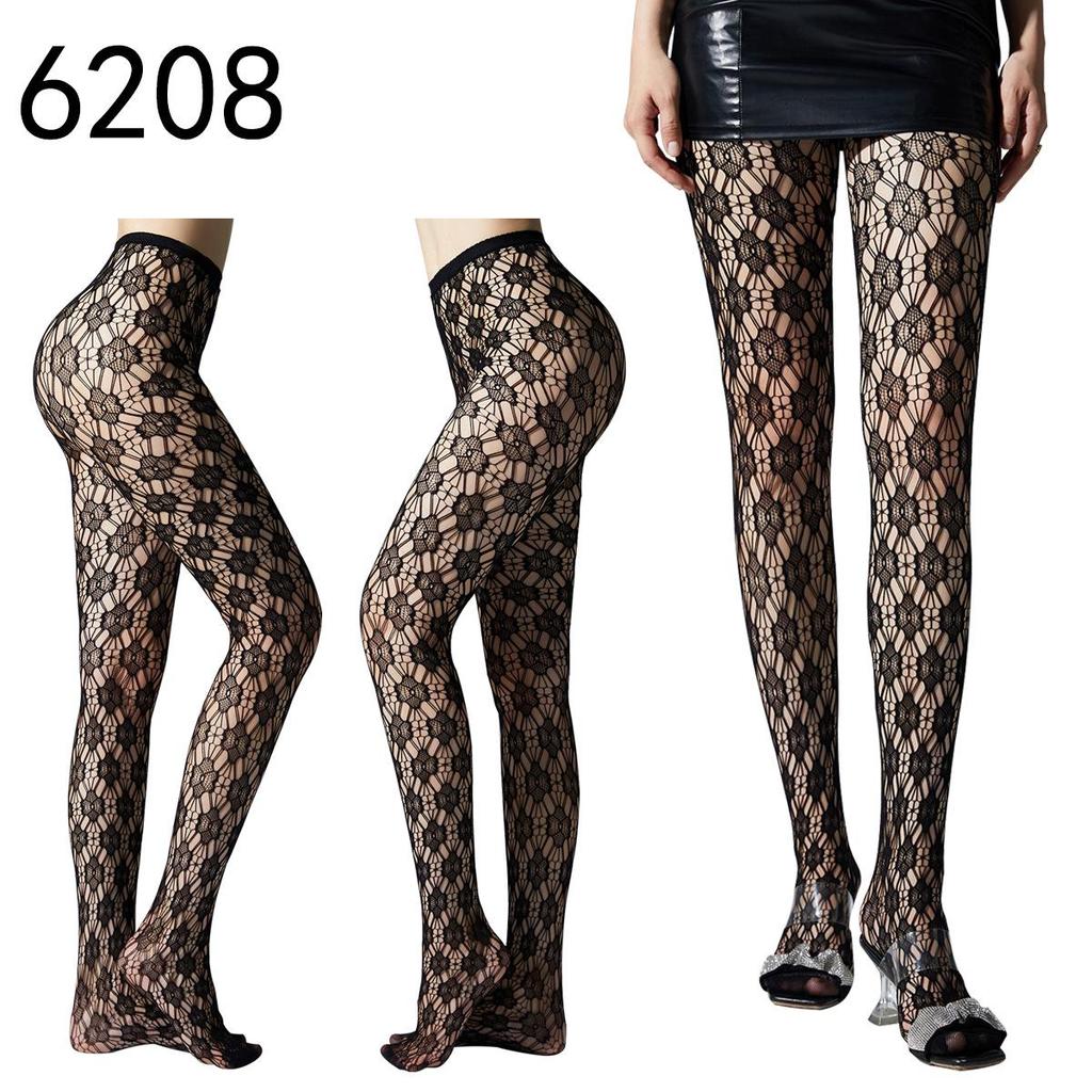 Retro Floral Jacquard Fishnet Stockings, Y2K Black Anti-Snag Stockings for Women