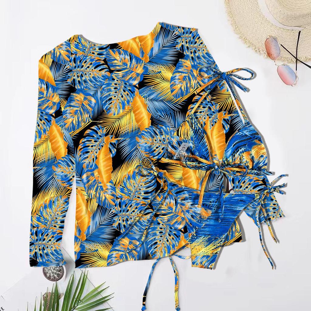 New Print Mesh Sun Protection Three-Piece Bikini Swimwear