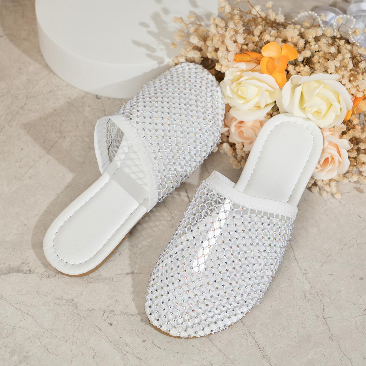 

Летние новые тапочки с плоской подошвой, сетчатые, дышащие, рыболовная сеть, сексуальные, классные тапочки, baotou, полые, со стразами, пляжные, классные тапочки 36 белый