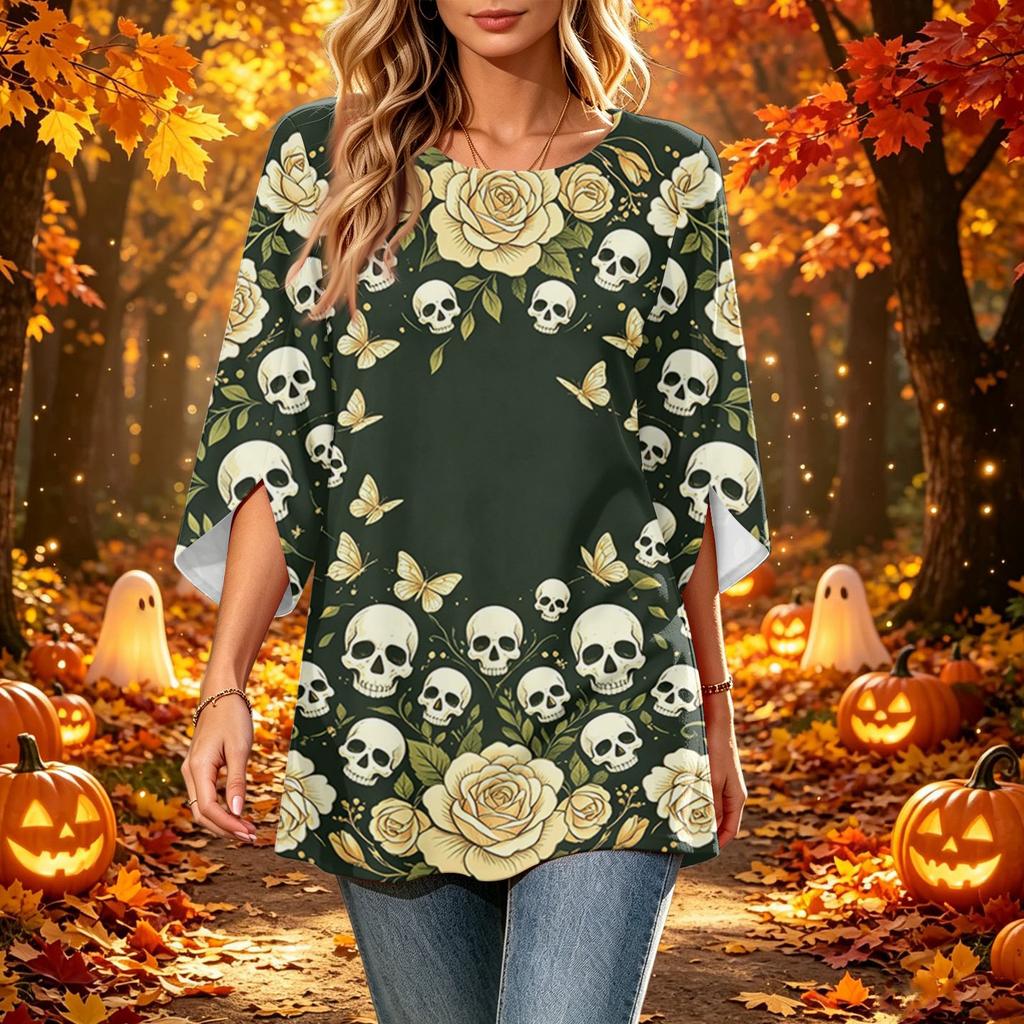 Women's Casual Loose Fit Three-Quarter Sleeve Neck Top with Halloween Print
