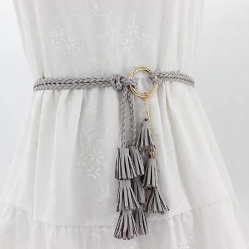 Fashion Women Solid Color Braided Tassel Belt 2024 New Boho Girls Thin Waist Rope Knit Belts for Dress Waistbands Accessories