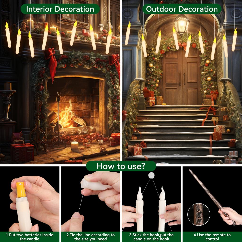 Floating Candles with Wand Magic Hanging Candles Flameless Flickering LED Taper Candle with Wand Remote Battery Window Candles