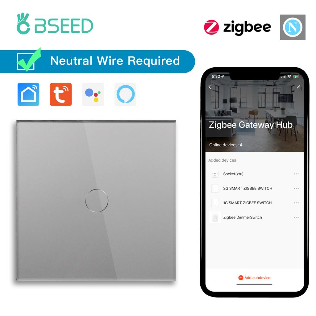BSEED Zigbee 1/2/3Gang Touch Smart Switches 1/2/3Way Tuya Smart Life App Control With EU Wall Sockets Outlets Gray Series