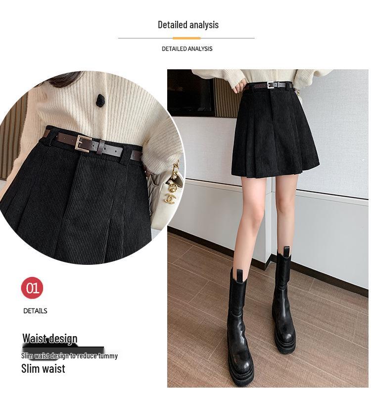 Women's High-Waisted Corduroy Wool Pleated A-line Skirt with Anti-Exposure Shorts - 2025 Autumn/Winter Collection