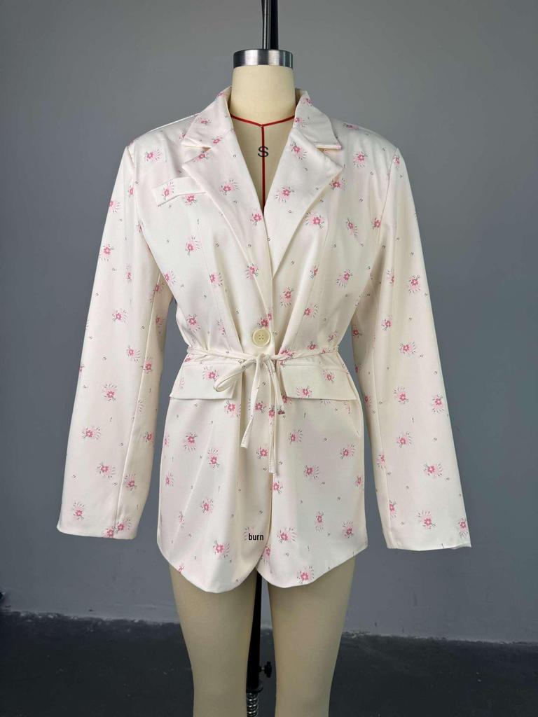 2025 Frühling/Sommer Damen Bedruckter Lockerer Blazer mit Bindegürtel