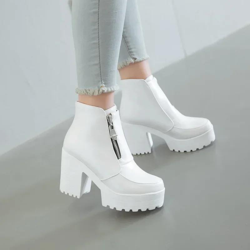 Black White Platform Ankle Boots For Women High Heels Boots Ladies Zip Autumn Winter Booties Woman Boots Shoes Ladies Shoes
