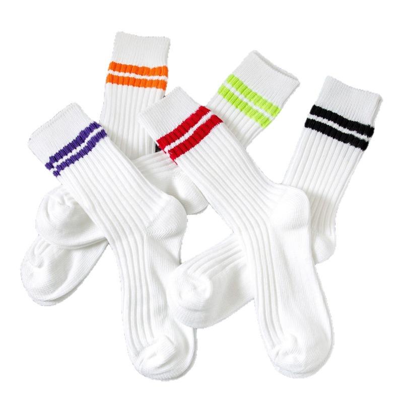 Fall/Winter Men's Double-Stitch Thick Stripes Mid-Calf Socks Men's Trend White Double Stripes Long-Sleeved Cotton Men's Socks