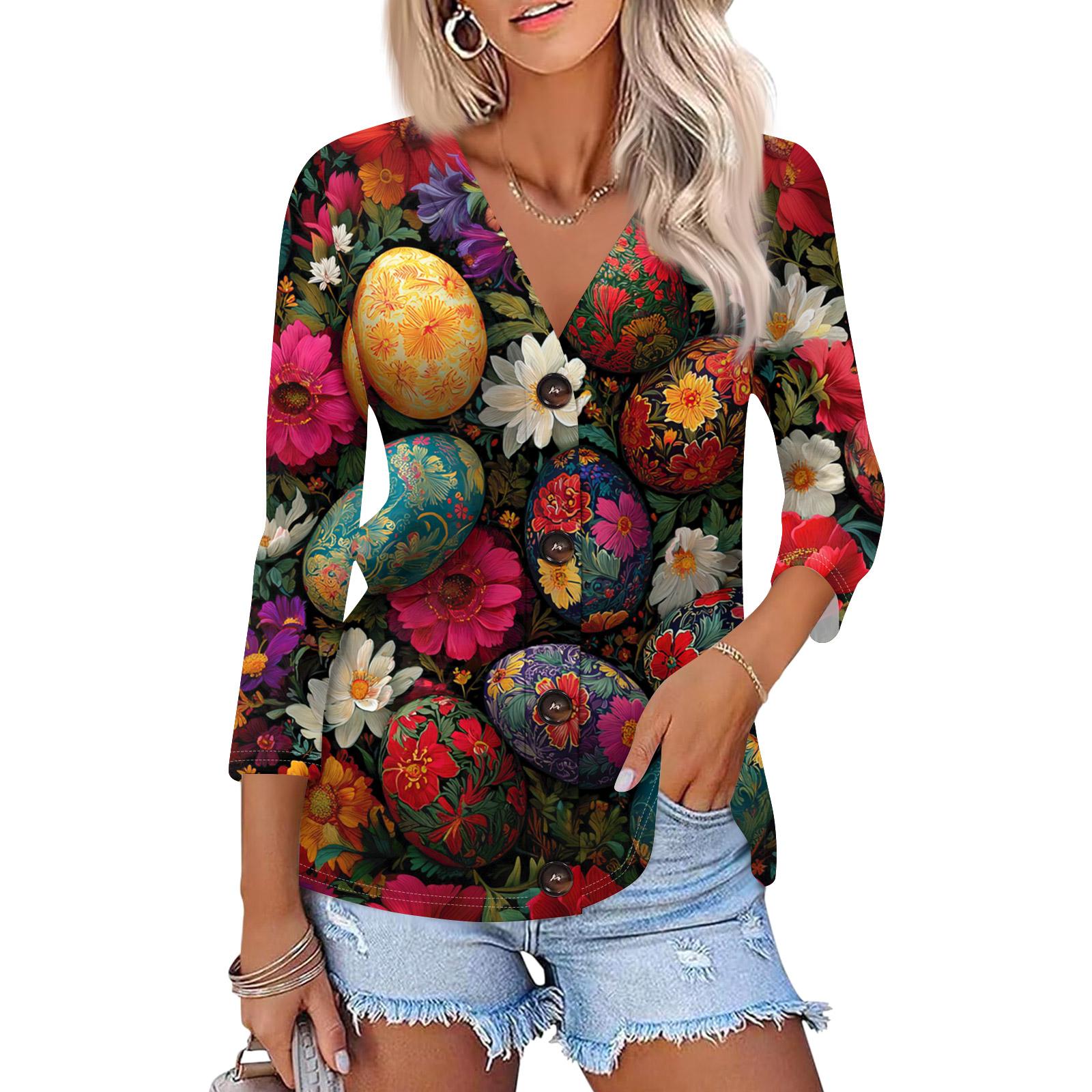 

Women s Fashion Casual Print Button-down Shirt 3/4 Sleeve Tops XL винний