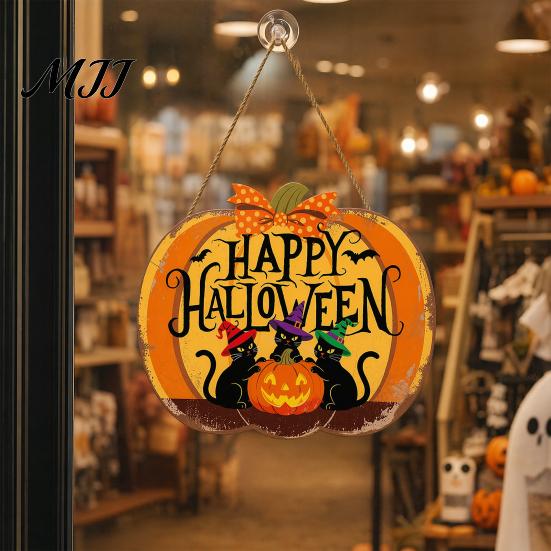 Outdoor Door Hanger Happy Halloween Sign, Spooky Wooden Pumpkin Front Waterproof Sign for Farmhouse Porch Wall Hanging Decor Wreath Alternative