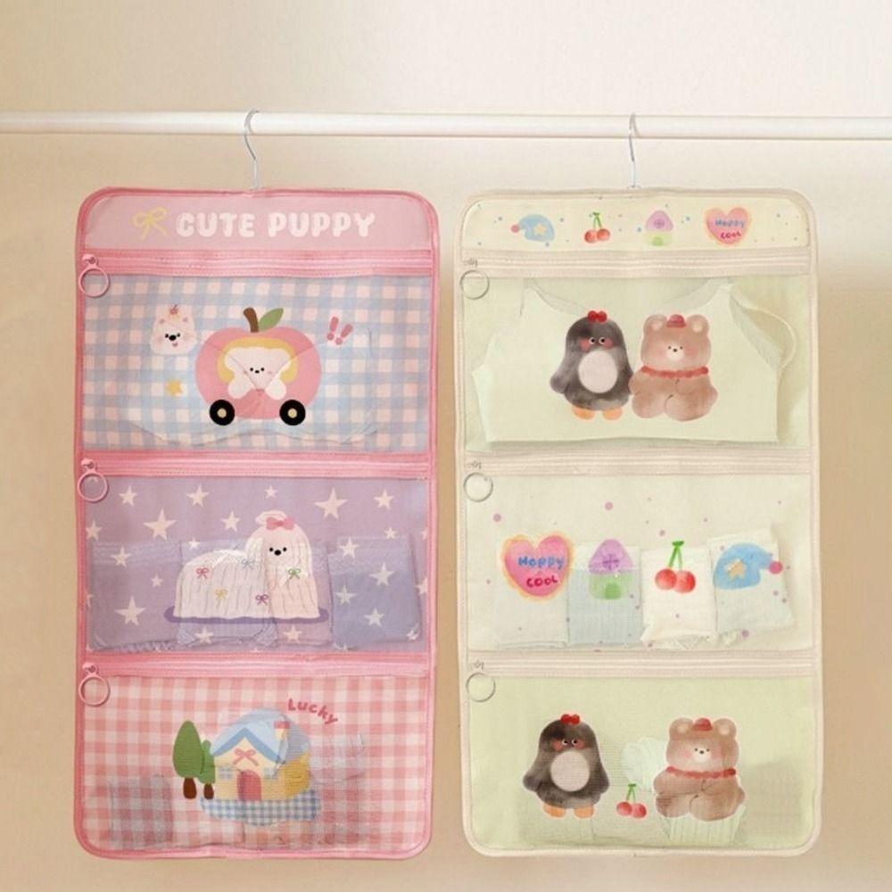 Cartoon Style 3-Layer Hanging Storage Bag Space Saving Mesh Pockets Underwear Storage Hanging Bag Breathable with Hanger