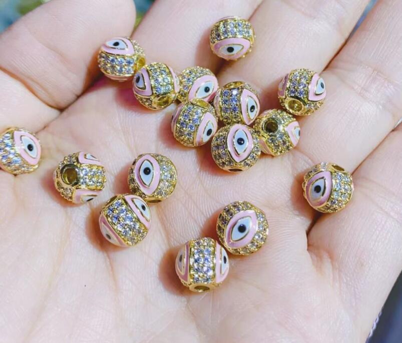 10mm Micro-Paved Round Evil Eye Beads, 14K Gold-Filled Copper with Zircon Epoxy