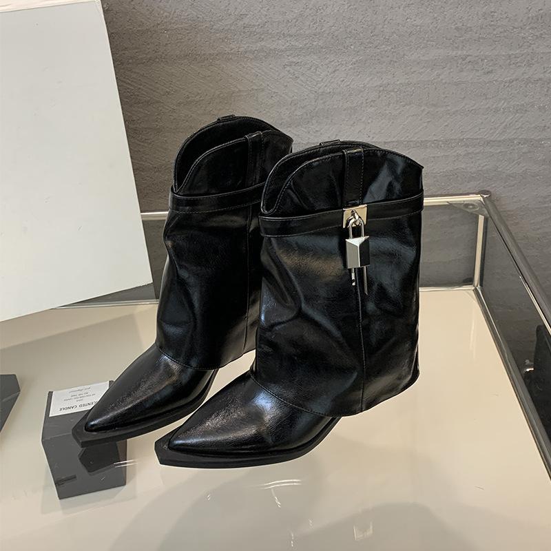 

High-heeled pointed mid-tube boots 2025 autumn and winter new fashionable lock trousers boots thick-heeled fashion boots women 35