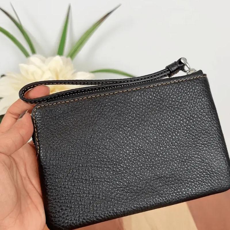 Coach Corner Zip 16 Top Zip Double Slot Dog Print Leather Clutch Small Women Clutch Black CC434-SVA47