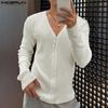 INCERUN Men V Neck Long Sleeve Buttons Rib Casual Fitted Tops T-shirts Undershirts