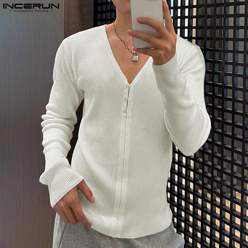 INCERUN Men V Neck Long Sleeve Buttons Rib Casual Fitted Tops T-shirts Undershirts