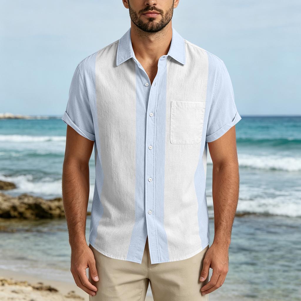 Men Short Sleeve Casual Button Down Shirt Relaxed Fit Lightweight Fabric Vertical Stripe Pattern Lapel Collar Pocket Design