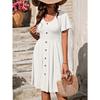 Summer Women's Round Neck Button Stretch Casual Temperament Short Sleeve Dress
