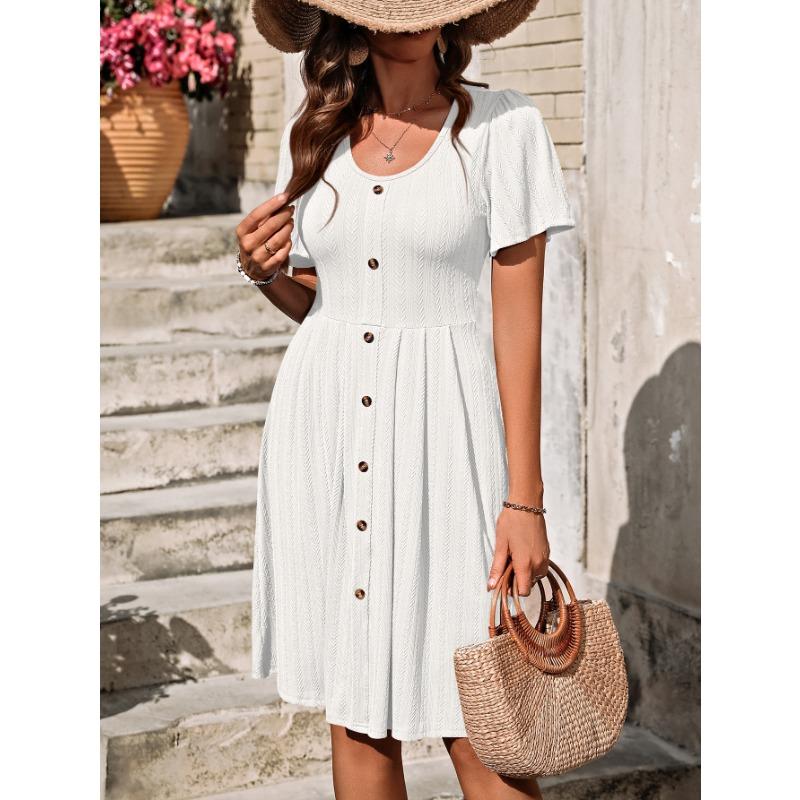Summer Women's Round Neck Button Stretch Casual Temperament Short Sleeve Dress