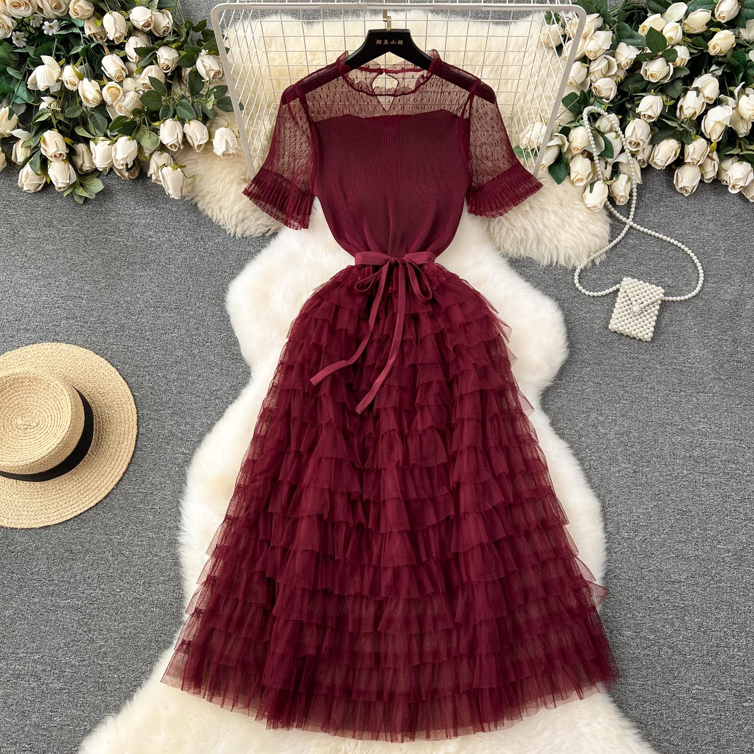 

Nomikuma French Women Sweet Mesh Cake Dress Tie Up Taile Slimming Mid Length Elegant Long Cake Dresses 2024 Summer New Vestidos One Size вино красного