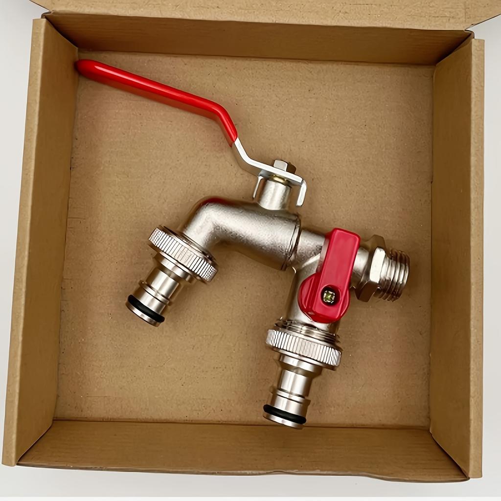 1pc Country Style Double Socket Garden Water Pipe Faucet, 304 Stainless Steel, Single Hole Mount, Universal Thread