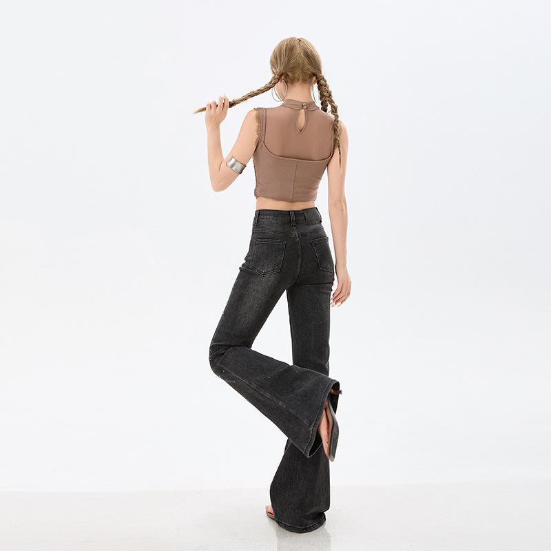 Spring new heavy industry hot diamond slightly pulled jeans women's small high waist elastic thin versatile bell pants
