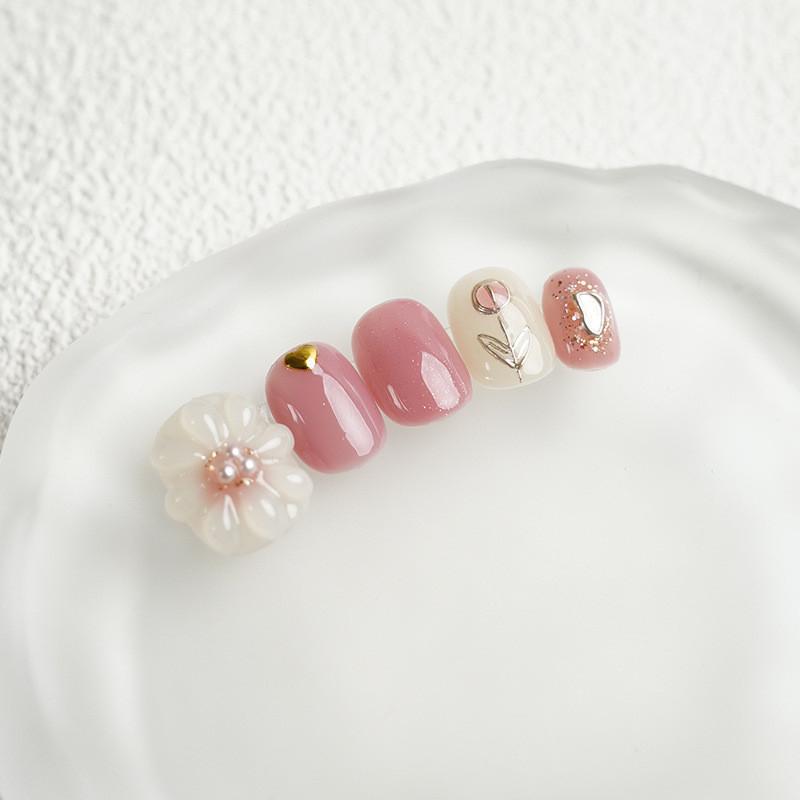 100% unghii false rotunde, scurte, cu adeziv, unghii false, pictate manual, lalele, flori 3D, roz, alb, cerc pătrat scurt, acrilic, apăsați pe unghiile false
