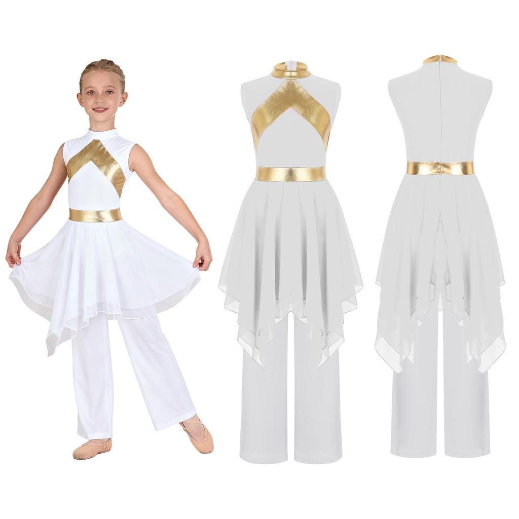Praise Dance Costume for Kids Girls: Asymmetrical Sleeveless Metallic Dress & Comfortable Wide-Leg Pants with Elastic Waist