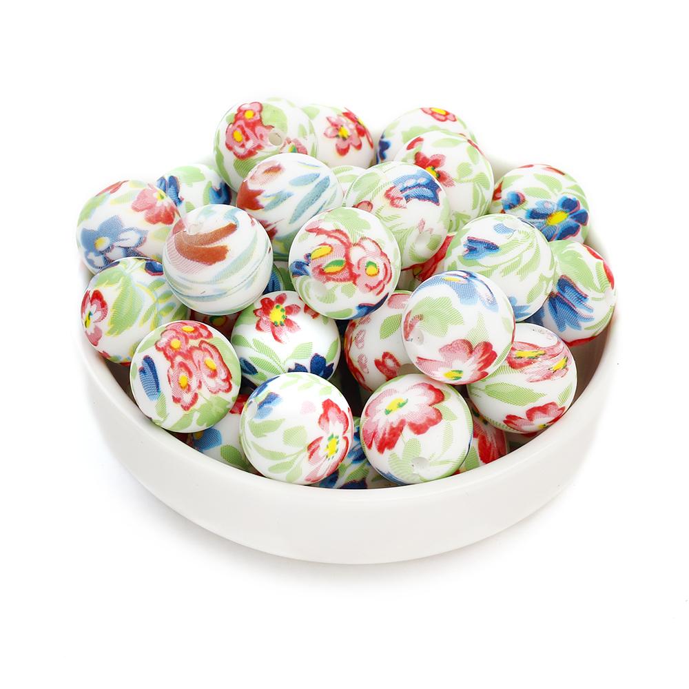 10Pcs 15mm New Silicone Beads Round Print Colorful Spacer Beads Food Grade Baby Nursing Necklace Pacifier Chain Teether Toys