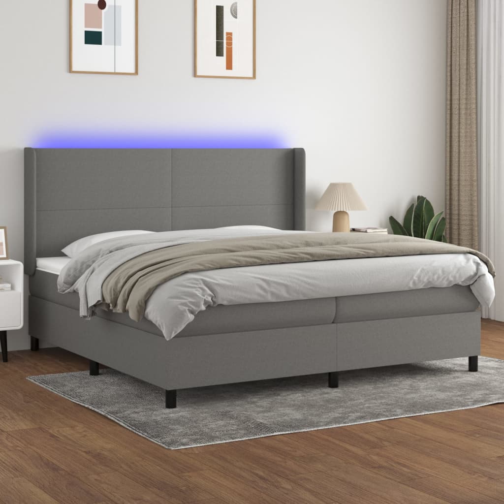 Box Spring Bed with Mattress & LED Dark Grey 200x200 cm Fabric