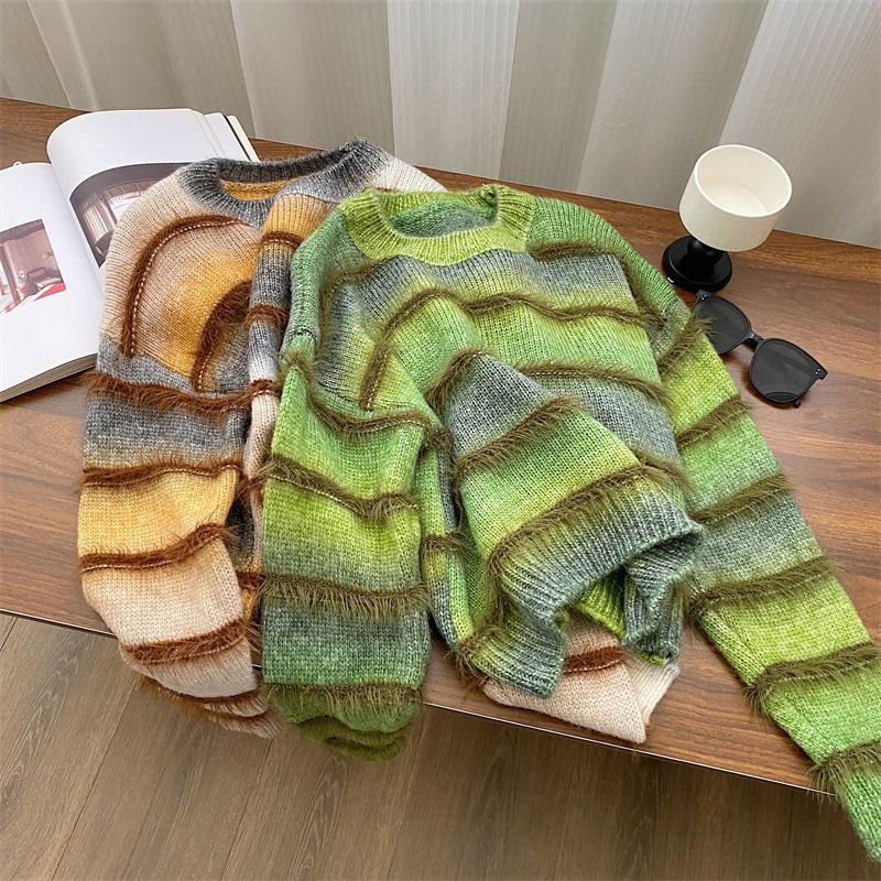 Women's Soft Mink Fur Gradient Sweater - Loose Knit, Long-Sleeved, Autumn/Winter Fashion