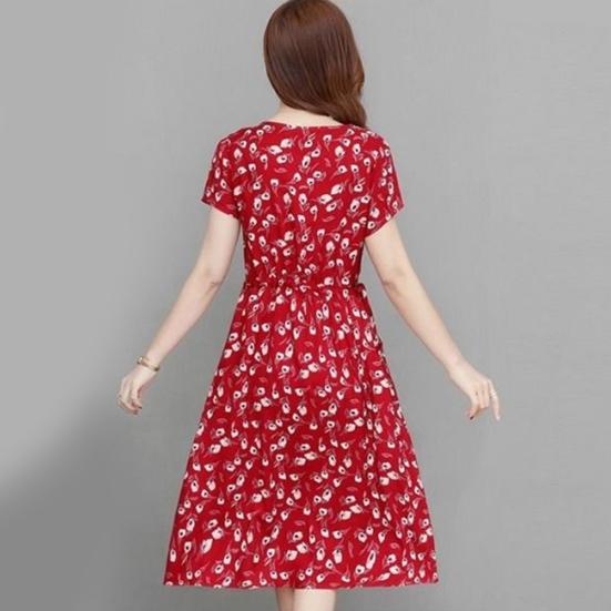 Women's Floral Print Summer Dress Boho Short Sleeve Crew Neck Midi Dress